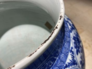 A massive Chinese blue and white vase with floral and landscape panels, Kangxi